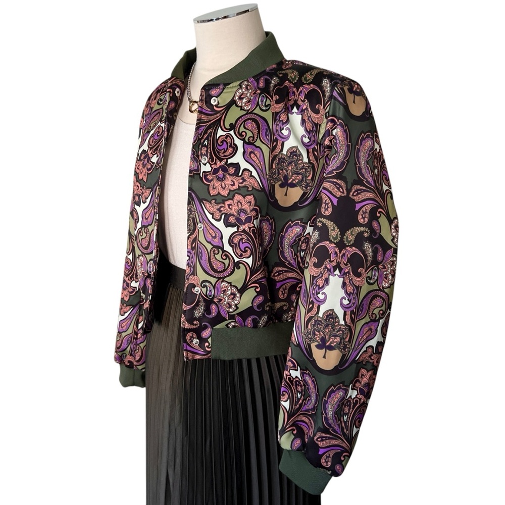 New TAHARI Satin Purple Paisley Print Bomber Jacket Porto Green Cream Sz M